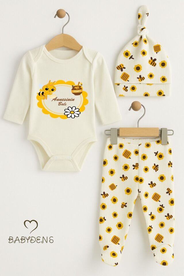 Annesinin Balı Yazılı 3'lü Bebek Takımı Arı Desenli Patikli Alt,Bere,Çıtçıtlı Uzun Kollu Zıbın Body