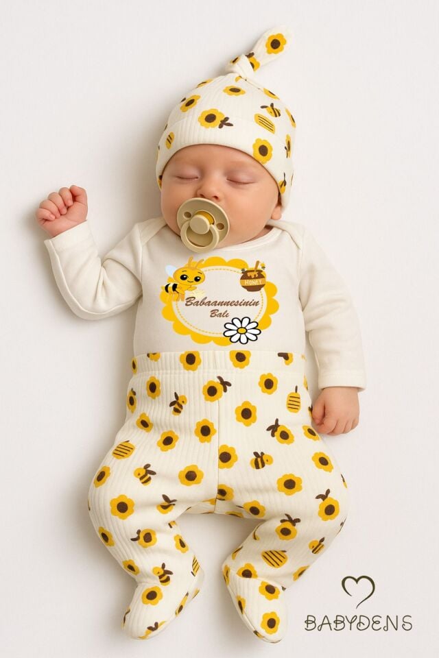 Babaannesinin Balı Yazılı 3lü Bebek Takımı Arı Desenli Patikli Alt,Bere,Çıtçıtlı Uzun Kollu Body Set