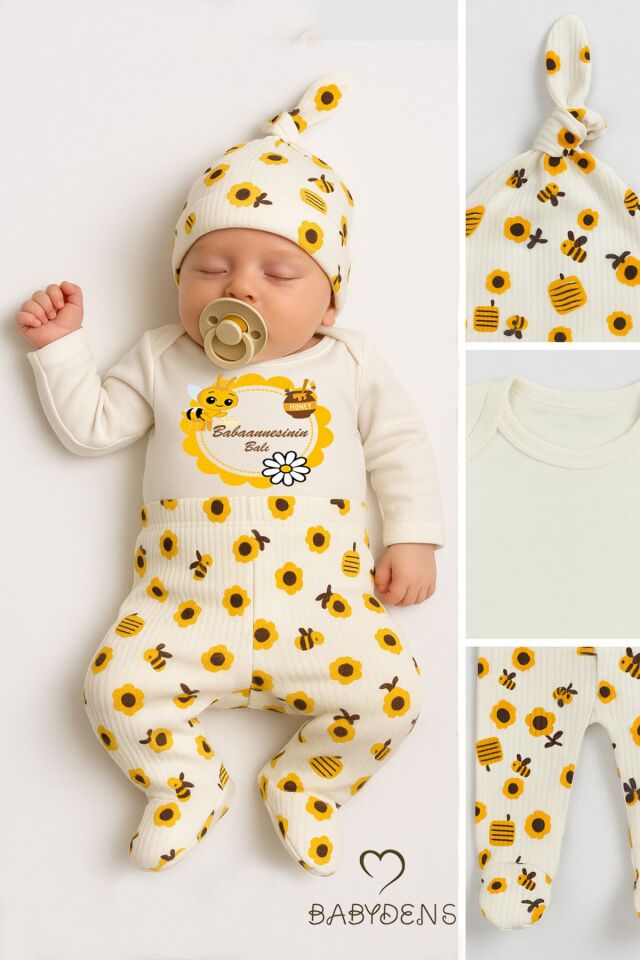 Babaannesinin Balı Yazılı 3lü Bebek Takımı Arı Desenli Patikli Alt,Bere,Çıtçıtlı Uzun Kollu Body Set
