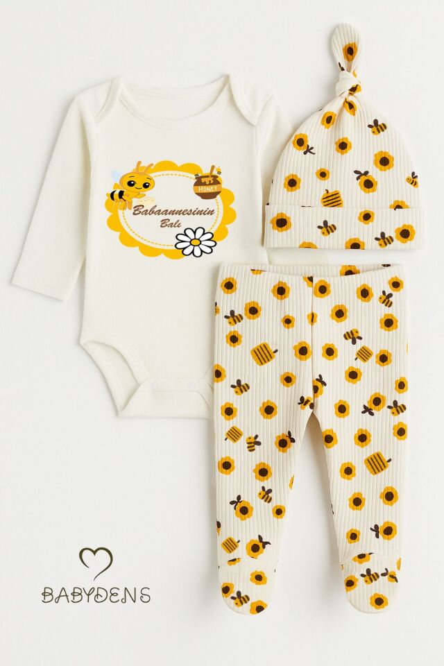 Babaannesinin Balı Yazılı 3lü Bebek Takımı Arı Desenli Patikli Alt,Bere,Çıtçıtlı Uzun Kollu Body Set