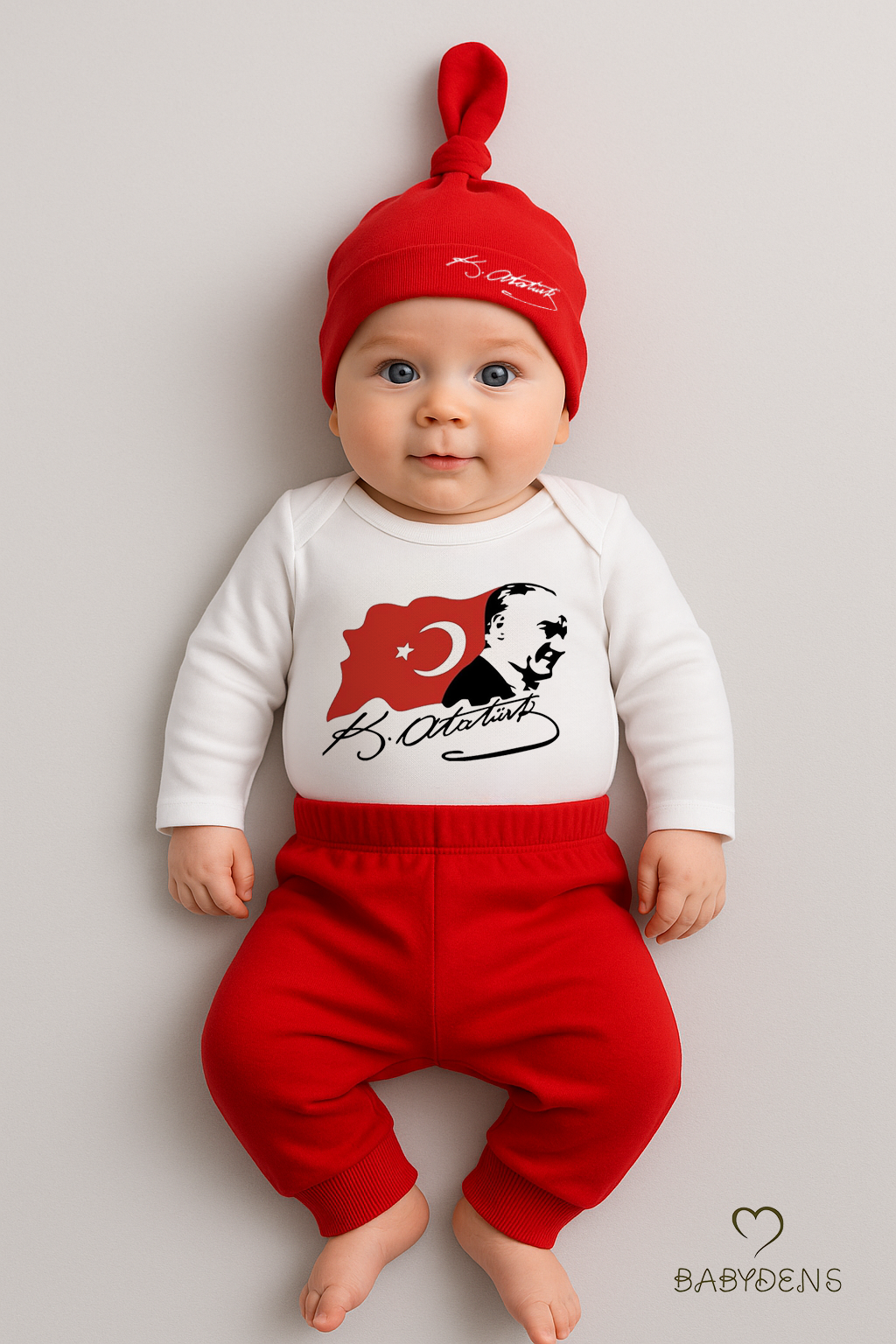 Atatürk Baskılı 3’lü Bebek Takımı %100 Pamuk Uzun Kollu Çıtçıtlı Body Pantolon Şapka Yenidoğan Seti