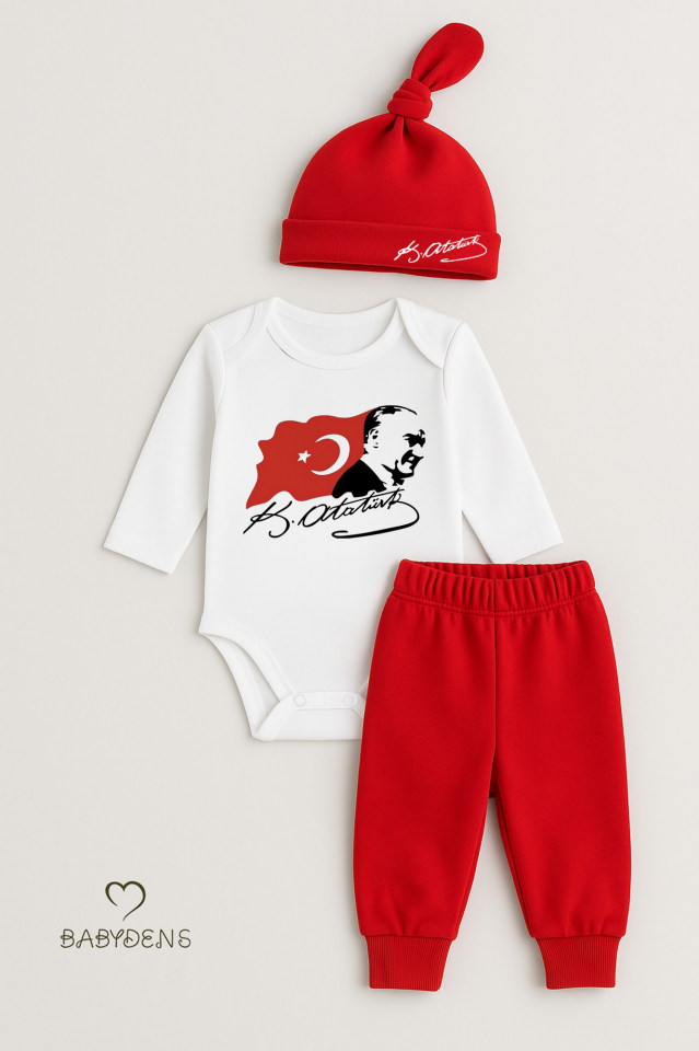 Atatürk Baskılı 3’lü Bebek Takımı %100 Pamuk Uzun Kollu Çıtçıtlı Body Pantolon Şapka Yenidoğan Seti