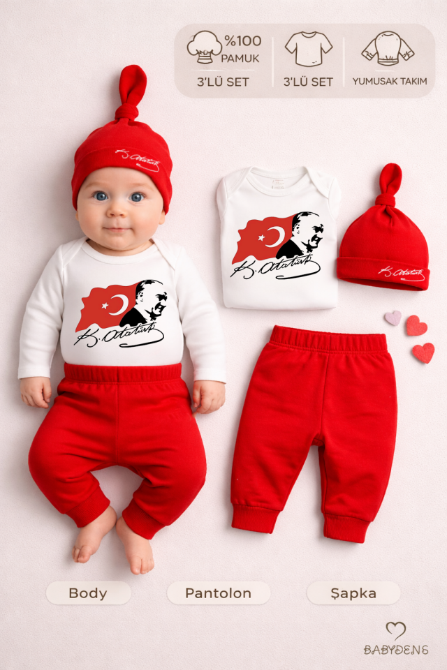 Atatürk Baskılı 3’lü Bebek Takımı %100 Pamuk Uzun Kollu Çıtçıtlı Body Pantolon Şapka Yenidoğan Seti