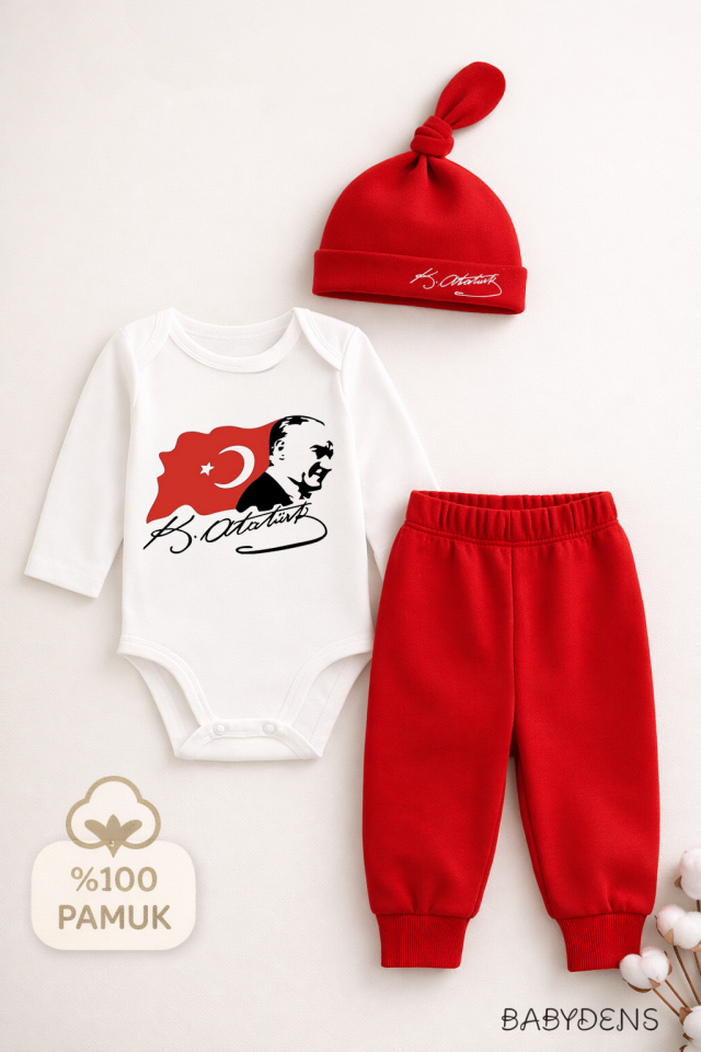 Atatürk Baskılı 3’lü Bebek Takımı %100 Pamuk Uzun Kollu Çıtçıtlı Body Pantolon Şapka Yenidoğan Seti