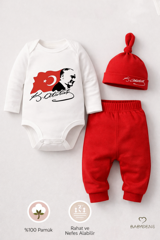 Atatürk Baskılı 3’lü Bebek Takımı %100 Pamuk Uzun Kollu Çıtçıtlı Body Pantolon Şapka Yenidoğan Seti