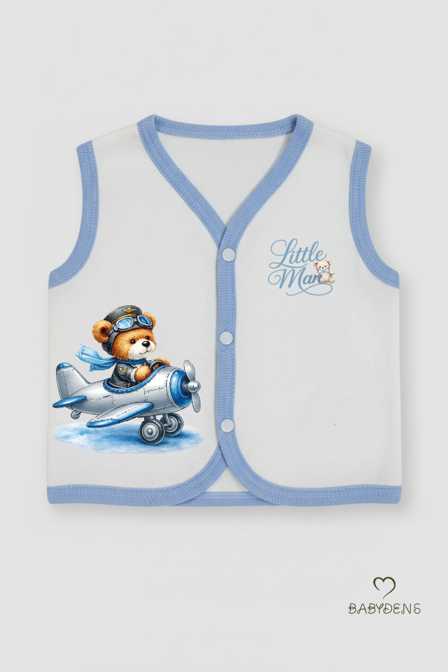 Erkek Bebek Yelek Pamuklu Çıtçıtlı Elmas Jakarlı Ayıcık Baskılı Yenidoğan Bebek Yeleği Mevsimlik Pilot Ayıcık