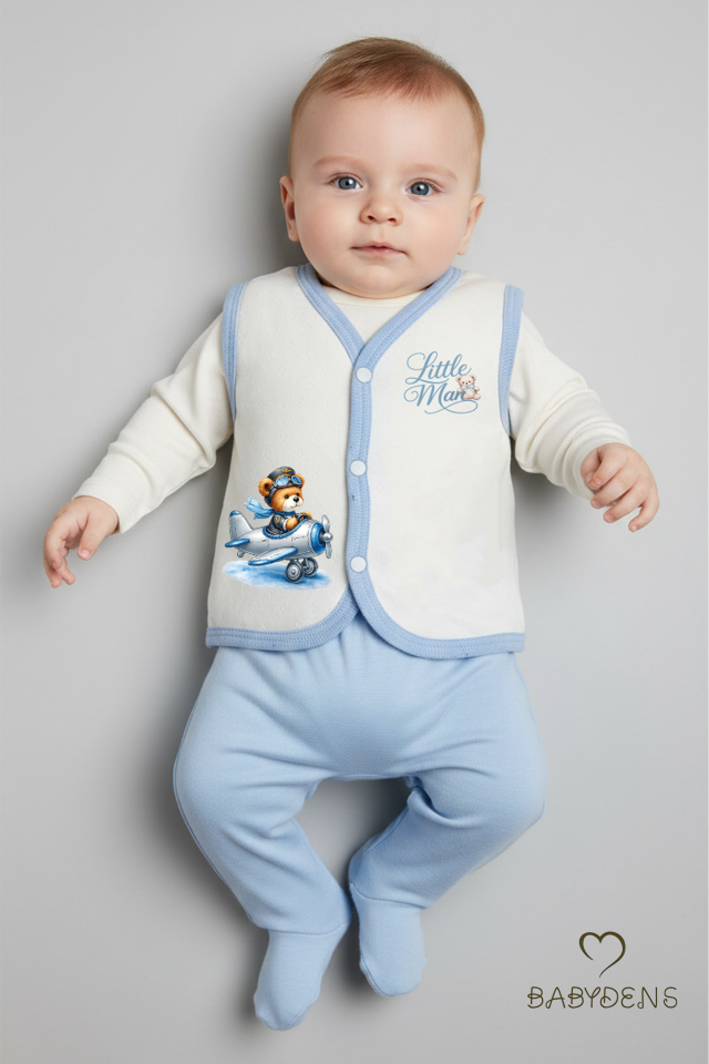 Erkek Bebek Yelek Pamuklu Çıtçıtlı Elmas Jakarlı Ayıcık Baskılı Yenidoğan Bebek Yeleği Mevsimlik Pilot Ayıcık