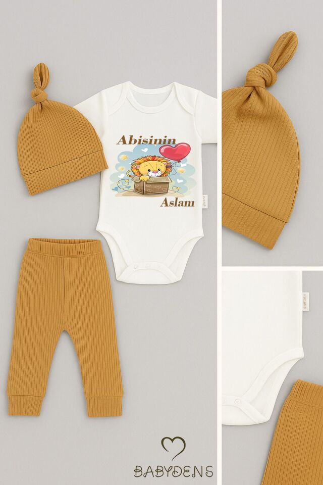 Abisinin Aslanı Yazılı 3’lü Bebek Takımı %100 Pamuklu Çıtçıtlı Zıbın, Şapka ve Fitilli Pantolon Set