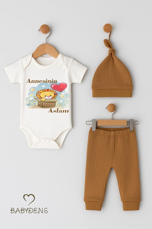 Annesinin Aslanı Yazılı 3’lü Bebek Takımı – %100 Pamuk Çıtçıtlı Zıbın, Fitilli Ribana Alt ve Şapka