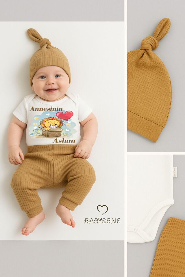 Annesinin Aslanı Yazılı 3’lü Bebek Takımı – %100 Pamuk Çıtçıtlı Zıbın, Fitilli Ribana Alt ve Şapka