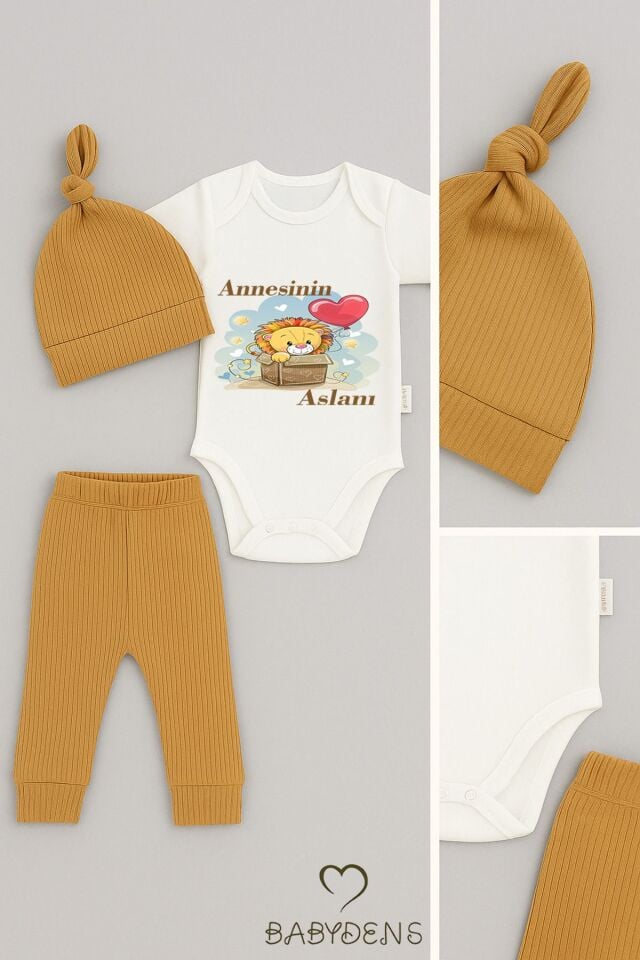 Annesinin Aslanı Yazılı 3’lü Bebek Takımı – %100 Pamuk Çıtçıtlı Zıbın, Fitilli Ribana Alt ve Şapka