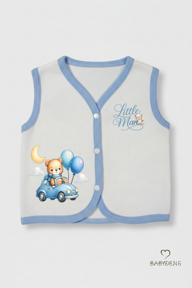 Erkek Bebek Yelek Pamuklu Çıtçıtlı Elmas Jakarlı Ayıcık Baskılı Yenidoğan Bebek Yeleği Mevsimlik Ekru Arabalı Ayıcık