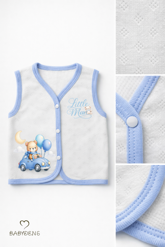Erkek Bebek Yelek Pamuklu Çıtçıtlı Elmas Jakarlı Ayıcık Baskılı Yenidoğan Bebek Yeleği Mevsimlik Ekru Arabalı Ayıcık