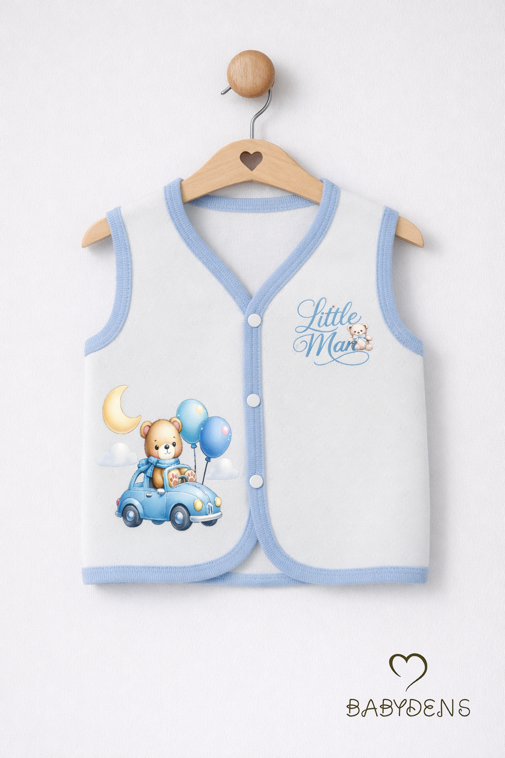 Erkek Bebek Yelek Pamuklu Çıtçıtlı Elmas Jakarlı Ayıcık Baskılı Yenidoğan Bebek Yeleği Mevsimlik Ekru Arabalı Ayıcık