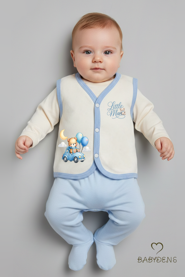 Erkek Bebek Yelek Pamuklu Çıtçıtlı Elmas Jakarlı Ayıcık Baskılı Yenidoğan Bebek Yeleği Mevsimlik Ekru Arabalı Ayıcık