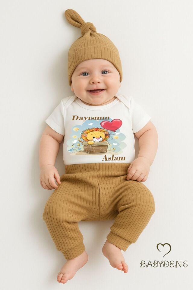 Dayısının Aslanı Yazılı 3'lü Bebek Takımı - Çıtçıtlı Body, Ribana Şapka ve Pantolon - %100 Pamuk Set