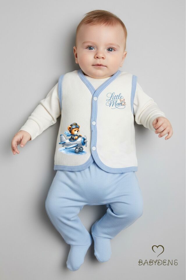 2’li Erkek Bebek Yelek Pamuklu Jakarlı Çıtçıtlı Bebek Yeleği Ayıcık Baskılı Bebek Yelek Seti 0-9 Ay Mavi-Ekru