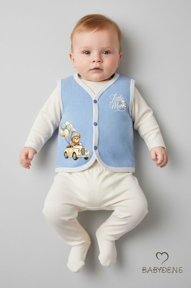 2’li Erkek Bebek Yelek Pamuklu Jakarlı Çıtçıtlı Bebek Yeleği Ayıcık Baskılı Bebek Yelek Seti 0-9 Ay Mavi-Ekru