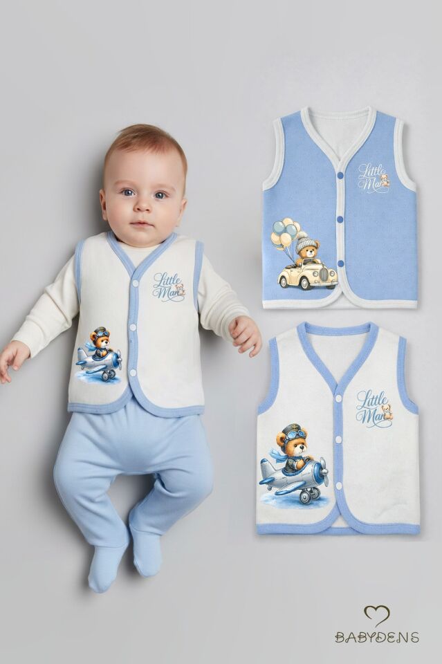2’li Erkek Bebek Yelek Pamuklu Jakarlı Çıtçıtlı Bebek Yeleği Ayıcık Baskılı Bebek Yelek Seti 0-9 Ay Mavi-Ekru