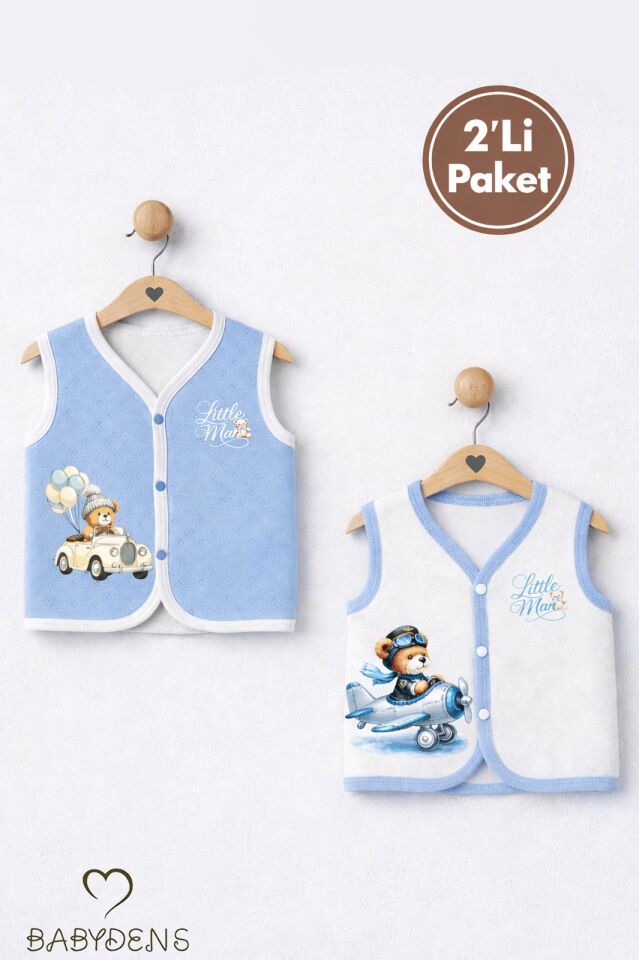 2’li Erkek Bebek Yelek Pamuklu Jakarlı Çıtçıtlı Bebek Yeleği Ayıcık Baskılı Bebek Yelek Seti 0-9 Ay Mavi-Ekru