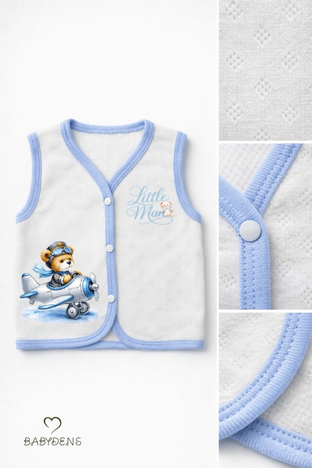 2’li Erkek Bebek Yelek Pamuklu Jakarlı Çıtçıtlı Bebek Yeleği Ayıcık Baskılı Bebek Yelek Seti 0-9 Ay Mavi-Ekru