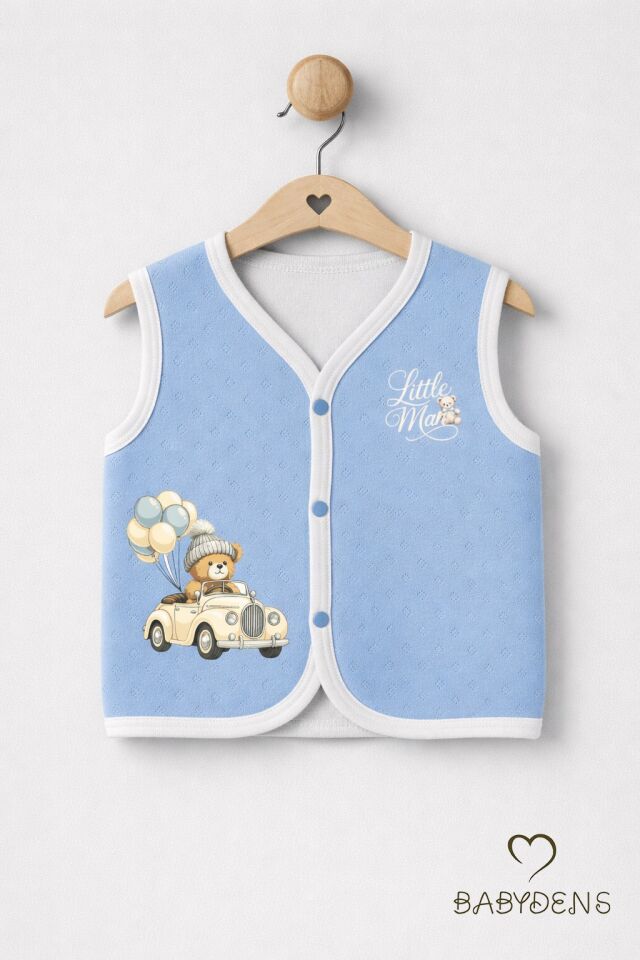 2’li Erkek Bebek Yelek Pamuklu Jakarlı Çıtçıtlı Bebek Yeleği Ayıcık Baskılı Bebek Yelek Seti 0-9 Ay Mavi-Ekru
