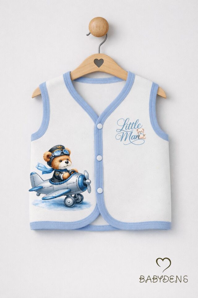 2’li Erkek Bebek Yelek Pamuklu Jakarlı Çıtçıtlı Bebek Yeleği Ayıcık Baskılı Bebek Yelek Seti 0-9 Ay Mavi-Ekru