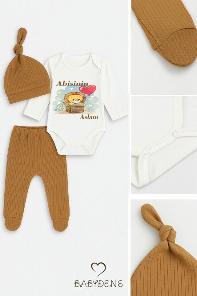 Abisinin Aslanı Yazılı 3’lü Bebek Takımı Uzun Kollu Çıtçıtlı Body,Fitilli Patikli Pantolon Şapka Set