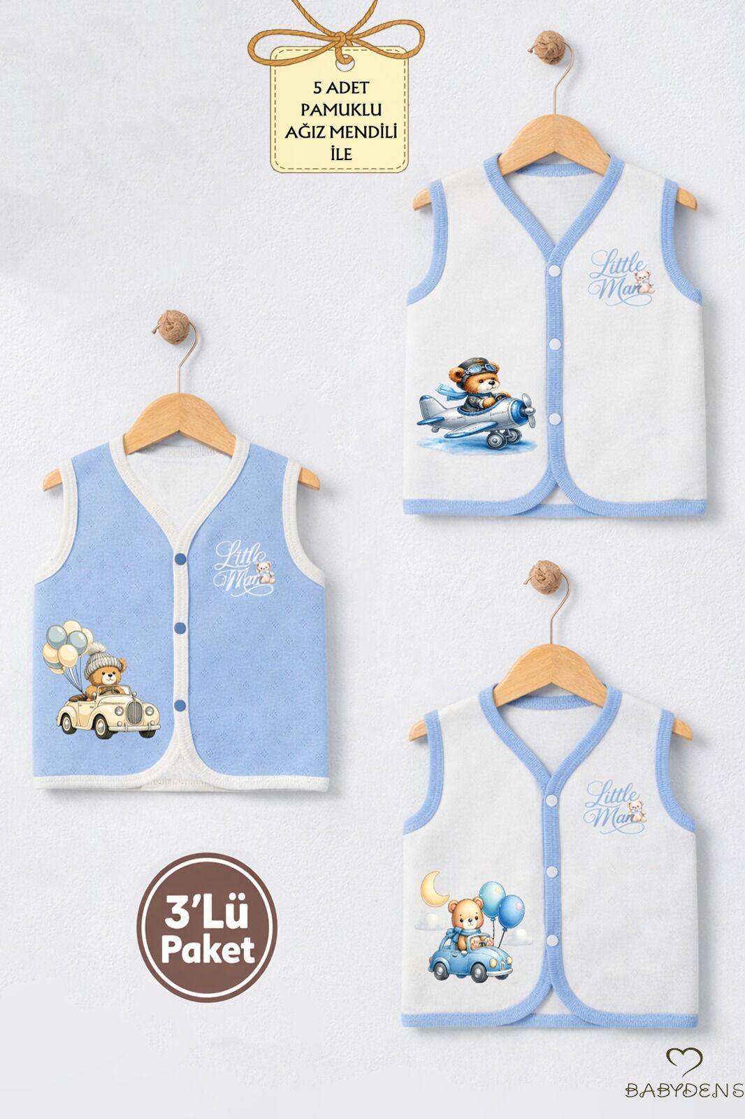 Erkek Bebek 3’lü Jakarlı Yelek Set Çıtçıtlı Bebek Yeleği Ayıcık Baskılı,Pamuklu,Yenidoğan Yelek Seti