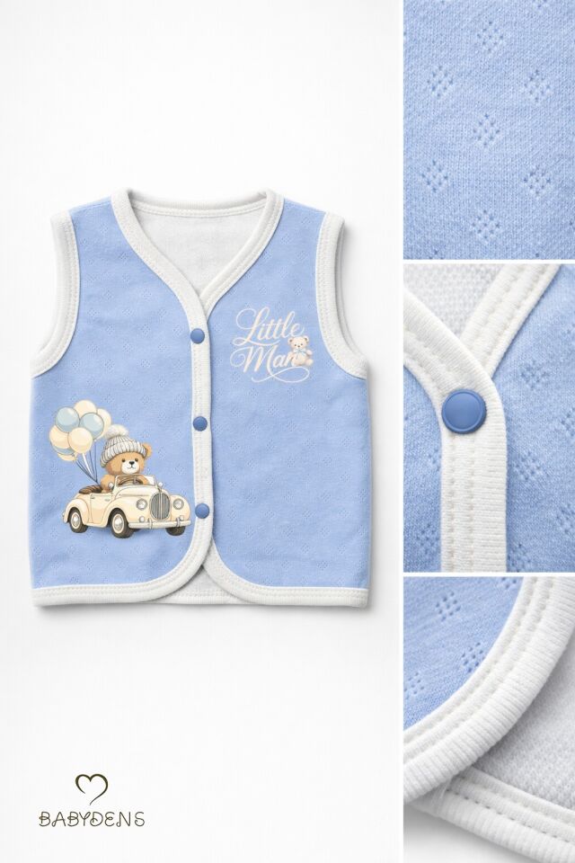 Erkek Bebek 3’lü Jakarlı Yelek Set Çıtçıtlı Bebek Yeleği Ayıcık Baskılı,Pamuklu,Yenidoğan Yelek Seti