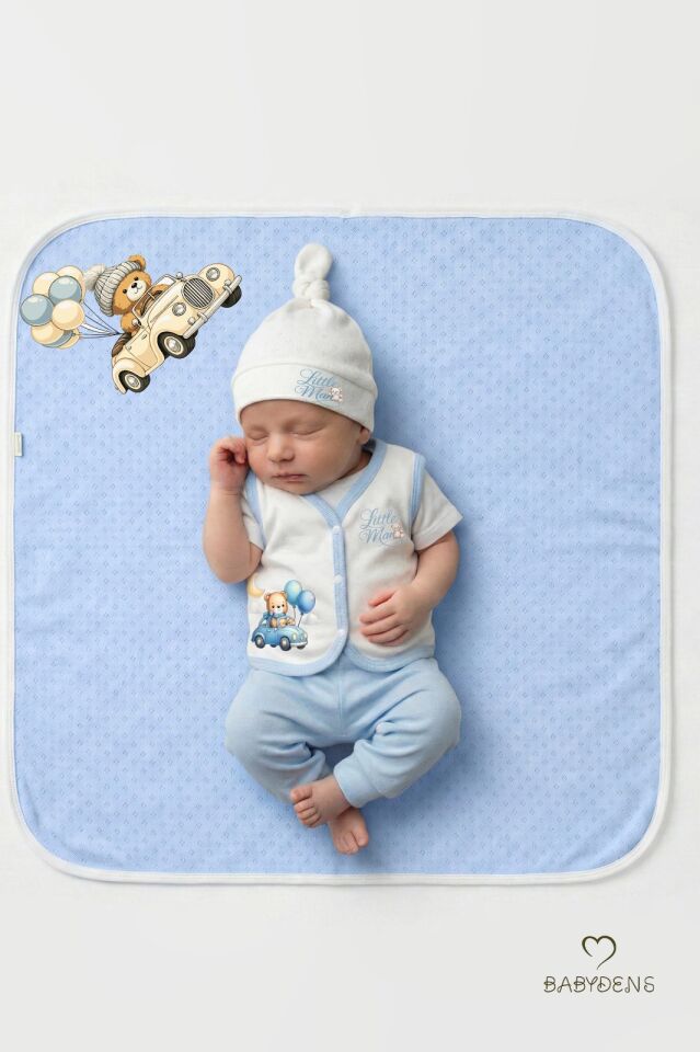 Erkek Bebek 3’lü Set Yenidoğan Bebek Seti,Jakarlı Battaniye,Şapka,Yelek Erkek Bebek Hastane Çıkışı