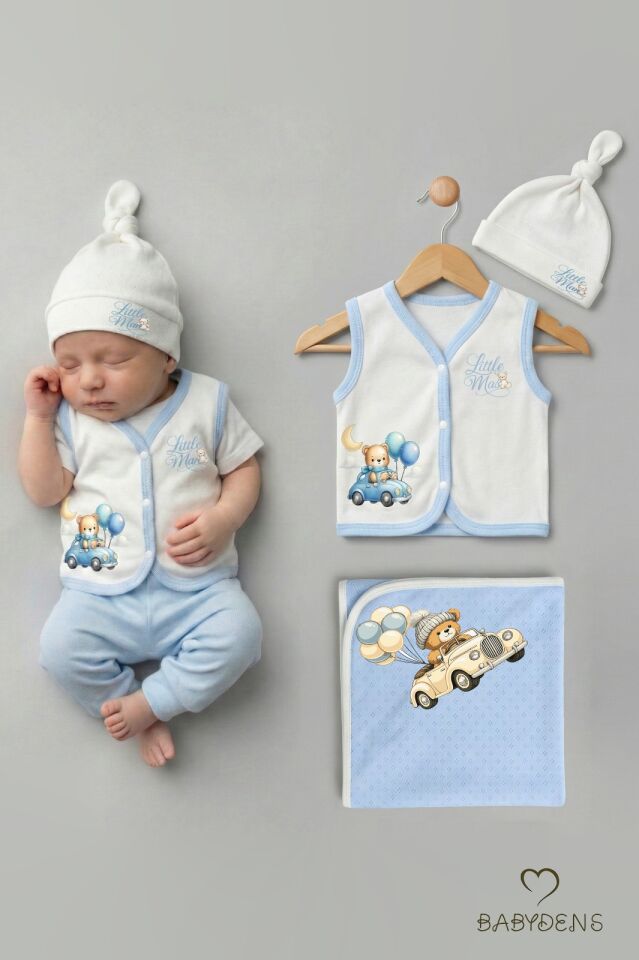 Erkek Bebek 3’lü Set Yenidoğan Bebek Seti,Jakarlı Battaniye,Şapka,Yelek Erkek Bebek Hastane Çıkışı