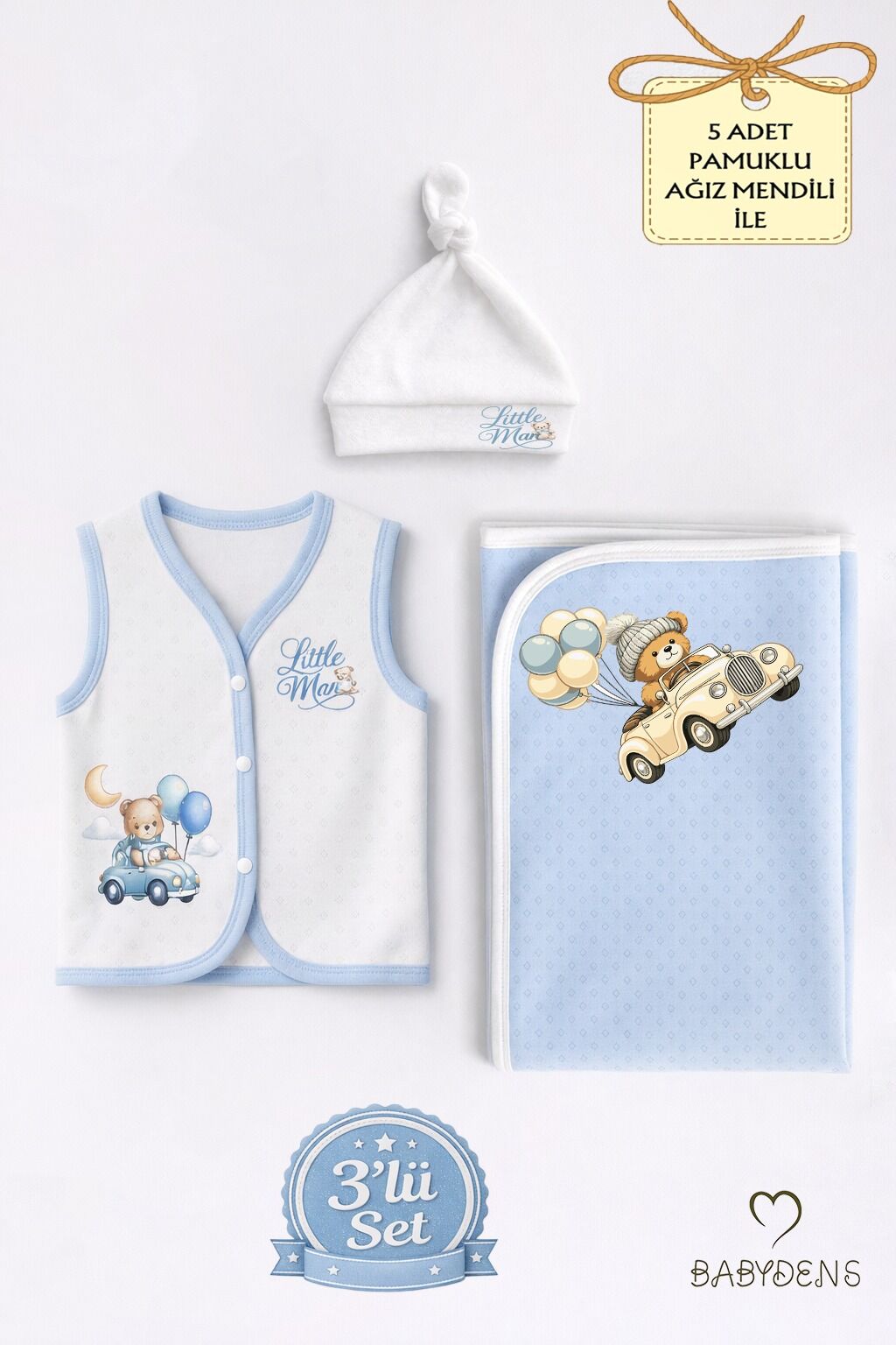 Erkek Bebek 3’lü Set Yenidoğan Bebek Seti,Jakarlı Battaniye,Şapka,Yelek Erkek Bebek Hastane Çıkışı