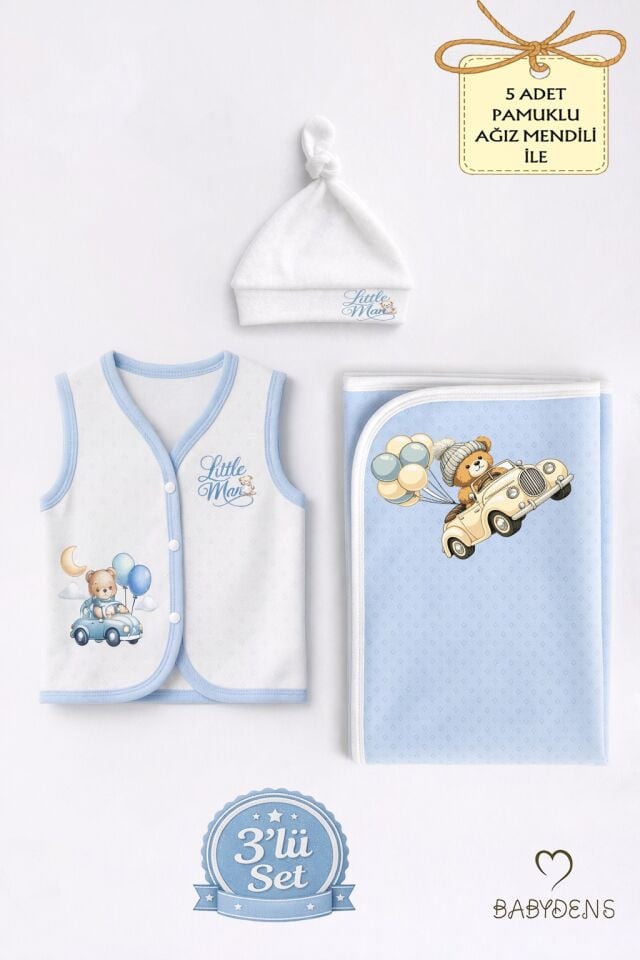 Erkek Bebek 3’lü Set Yenidoğan Bebek Seti,Jakarlı Battaniye,Şapka,Yelek Erkek Bebek Hastane Çıkışı
