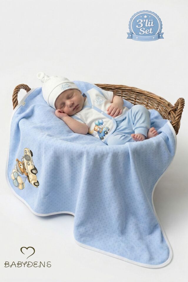 Erkek Bebek 3’lü Set Yenidoğan Bebek Seti,Jakarlı Battaniye,Şapka,Yelek Erkek Bebek Hastane Çıkışı