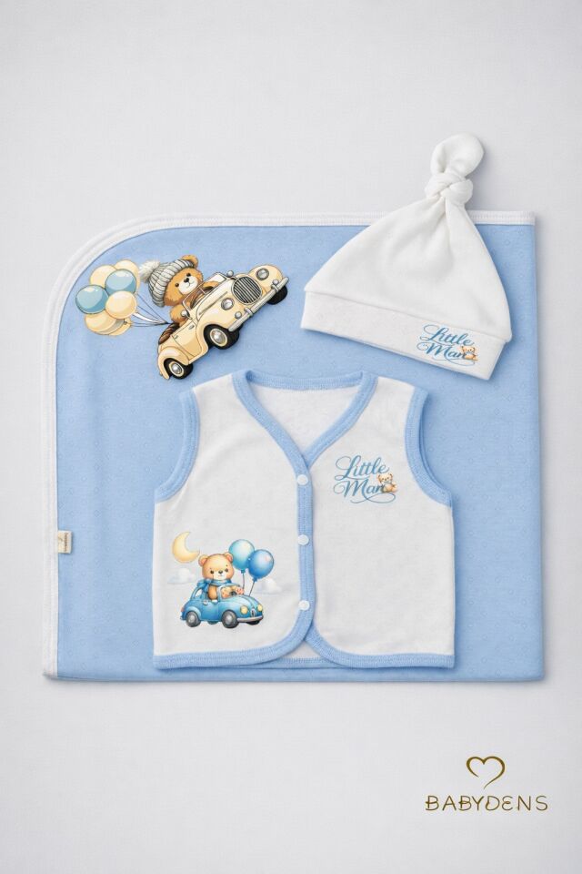 Erkek Bebek 3’lü Set Yenidoğan Bebek Seti,Jakarlı Battaniye,Şapka,Yelek Erkek Bebek Hastane Çıkışı