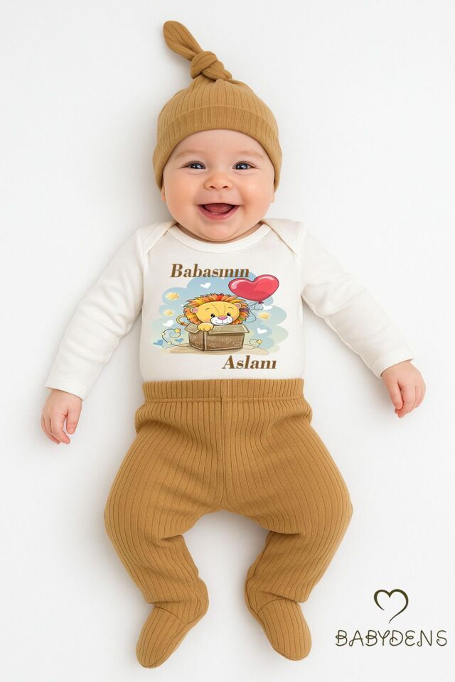 Babasının Aslanı Baskılı 3’lü Bebek Takımı Uzun Kol Çıtçıtlı Zıbın, Ribana Pantolon, Bere %100 Pamuk