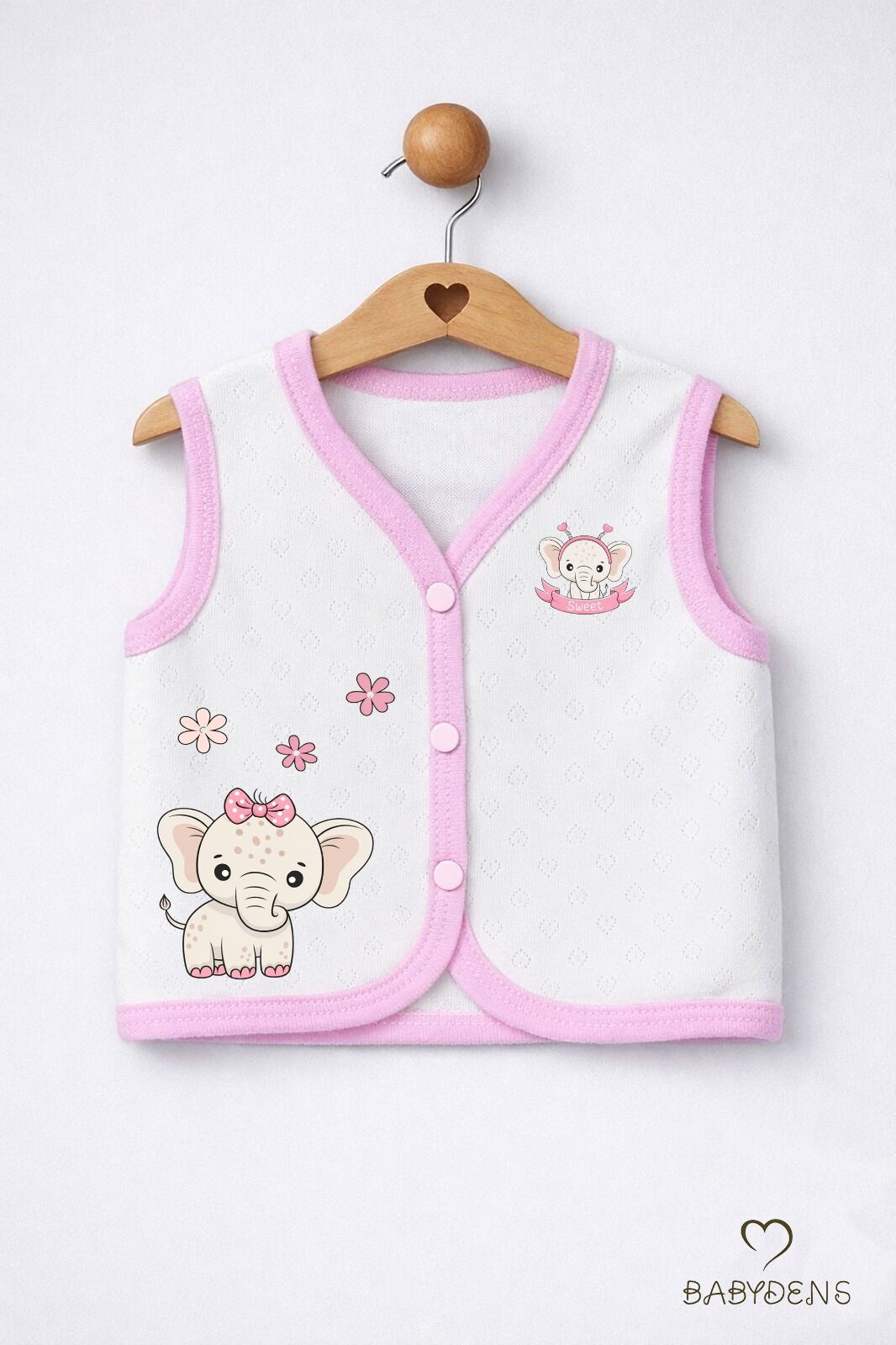 Kız Bebek Yelek Jakarlı Kalp Desenli Pamuklu Çıtçıtlı Fil Baskılı Bebek Yeleği Mevsimlik,YumuşakEkru – Çiçekli Fil