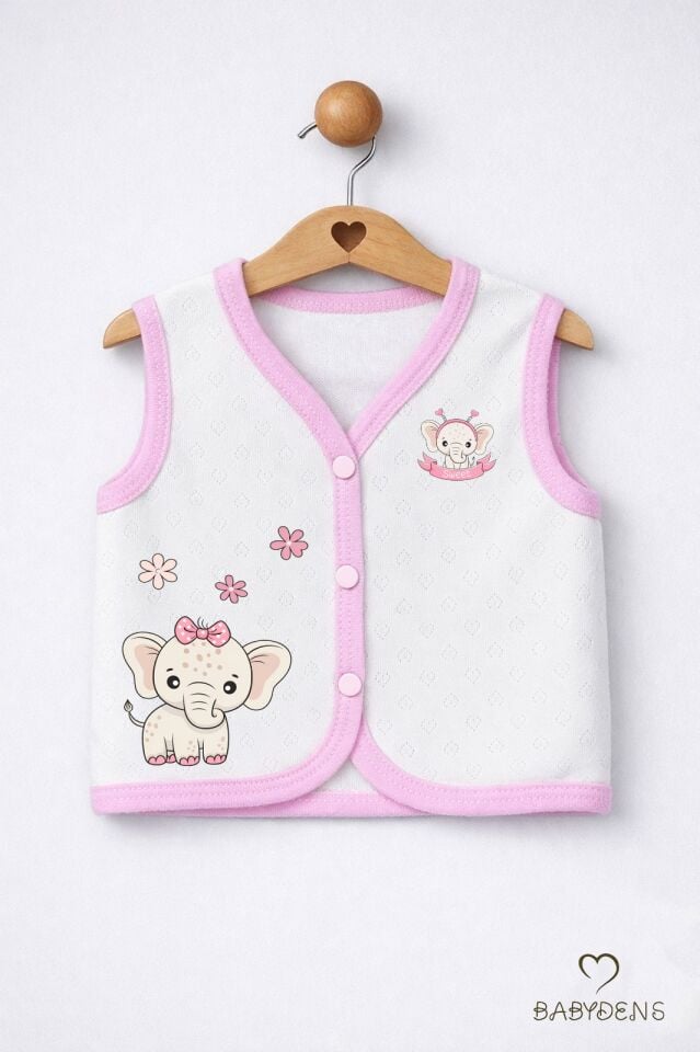Kız Bebek Yelek Jakarlı Kalp Desenli Pamuklu Çıtçıtlı Fil Baskılı Bebek Yeleği Mevsimlik,YumuşakEkru – Çiçekli Fil
