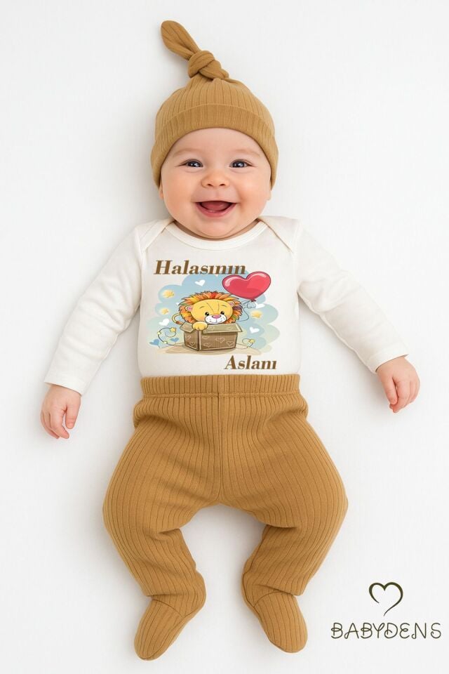 Halasının Aslanı Baskılı 3’lü Bebek Takımı Pamuklu Fitilli Kumaş Şapka,Patikli Alt ,Uzun Kollu Zıbın