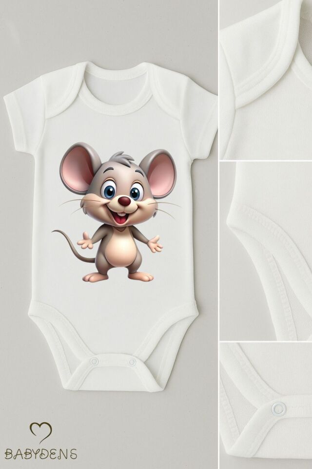 %100 Pamuklu Sevimli Hayvan Figürlü Bebek Body Unisex Çıtçıtlı Tulum Yazlık Kısa Kollu Zıbın Fare 3-6 Ay