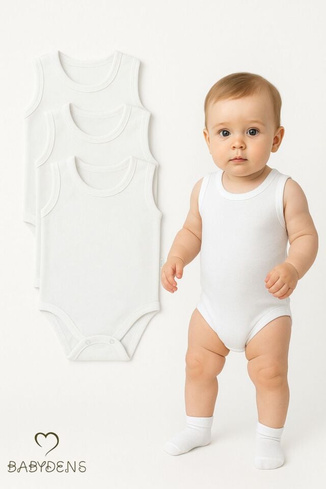 3'lü %100 Pamuklu Beyaz Kolsuz Bebek Body Seti Unisex Bebek İçin Yazlık Zıbın Takımı