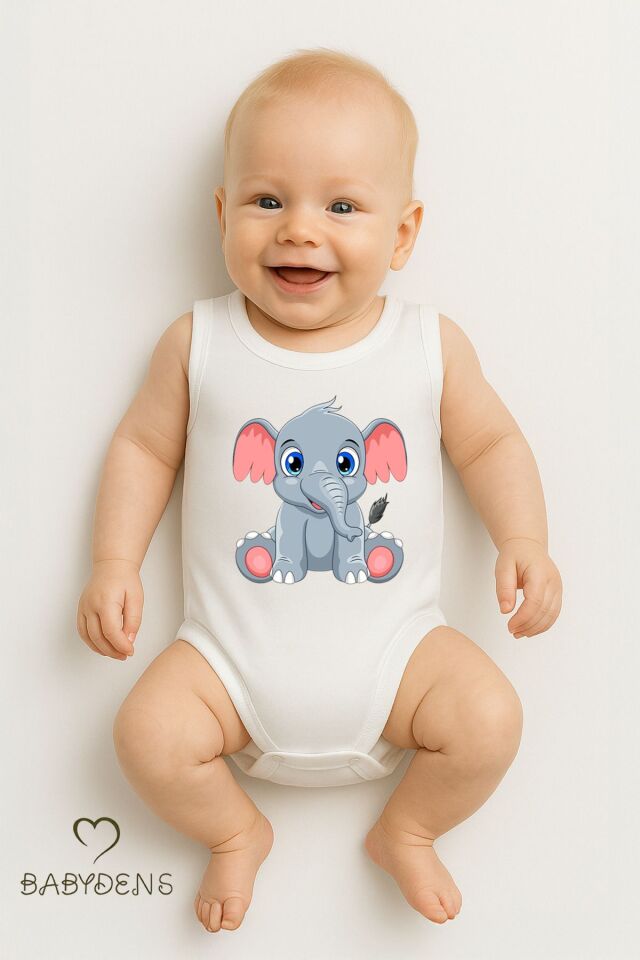 %100 Pamuklu Hayvan Figürlü Kolsuz Çıtçıtlı Bebek Body Yazlık Nefes Alabilir Unisex Zıbın Fil 12-18 Ay