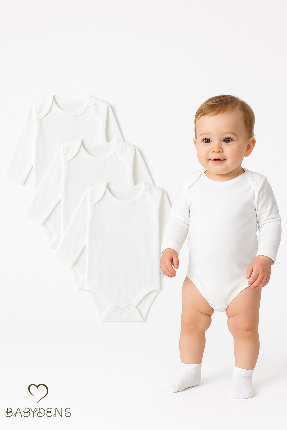 3'lü Set Uzun Kollu Beyaz Bebek Zıbın %100 Pamuk | 0-3 Ay - 24 Ay | Unisex Çıtçıtlı Body