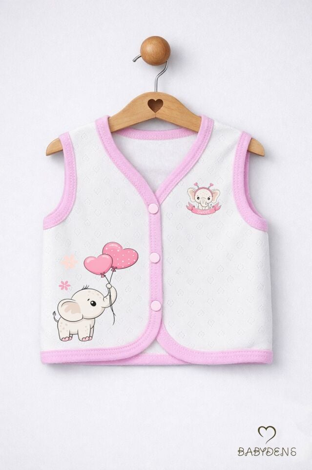 Kız Bebek Yelek Jakarlı Kalp Desenli Pamuklu Çıtçıtlı Fil Baskılı Bebek Yeleği Mevsimlik,Yumuşak Ekru – Balonlu Fil
