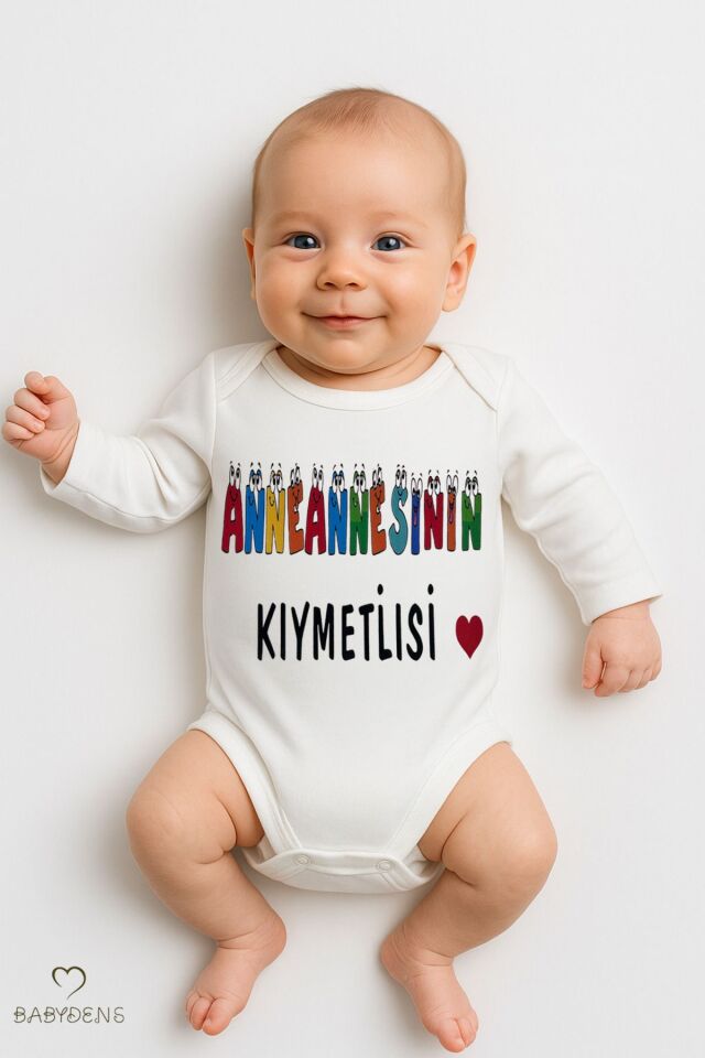 “Anneannesinin Kıymetlisi” Yazılı Uzun Kollu Bebek Body %100 Pamuk Çıtçıtlı Zıbın 0-24 Ay Hediyelik