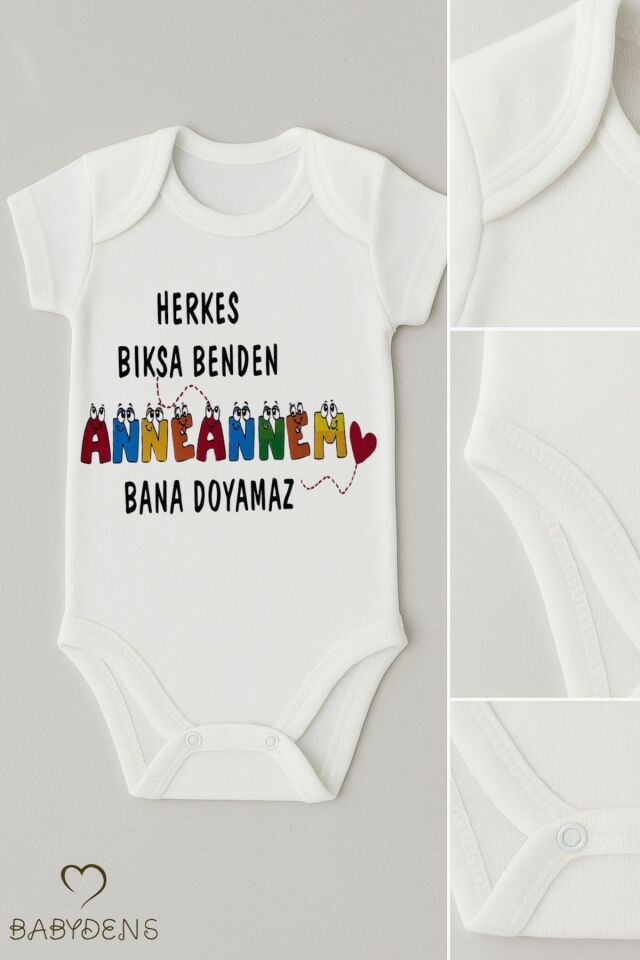 Herkes Bıksa Benden Anneannem Bana Doyamaz Yazılı Çıtçıtlı Bebek Zıbını | %100 Pamuk Kısa Kollu Body