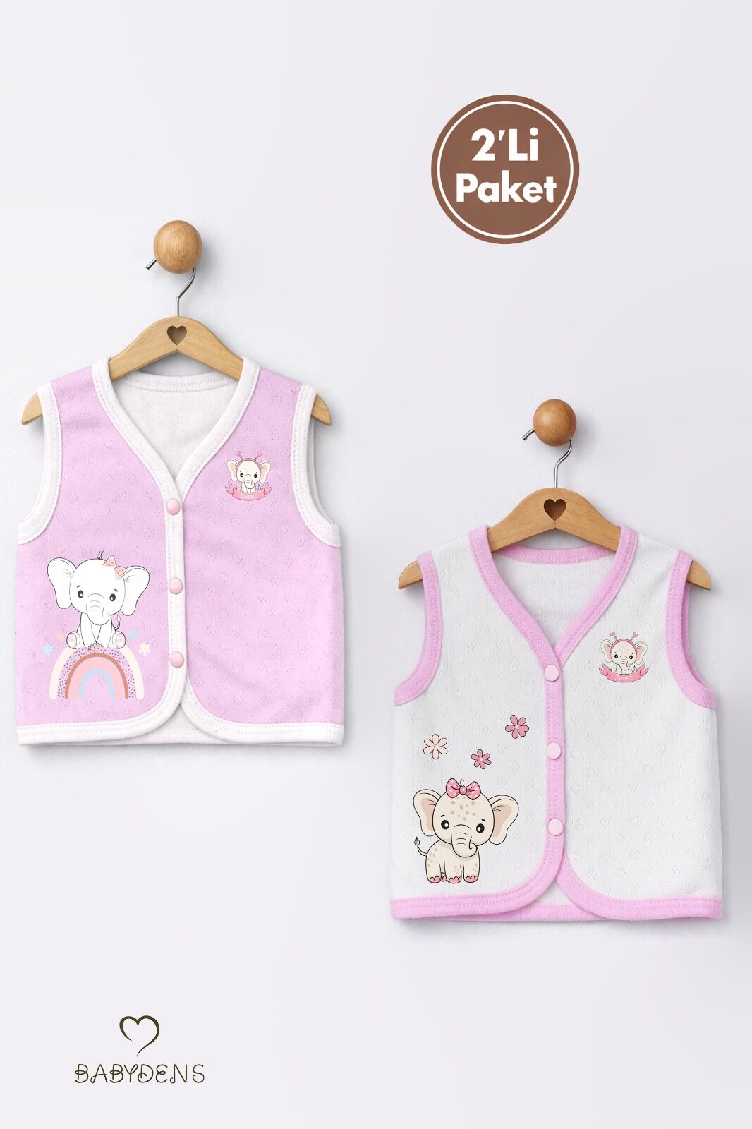 2’li Kız Bebek Yelek Seti ,Jakarlı Kalp Desenli,Pamuklu,Çıtçıtlı Bebek Yeleği Fil Baskılı,Mevsimlik