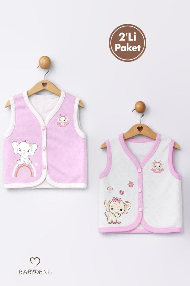 2’li Kız Bebek Yelek Seti ,Jakarlı Kalp Desenli,Pamuklu,Çıtçıtlı Bebek Yeleği Fil Baskılı,Mevsimlik