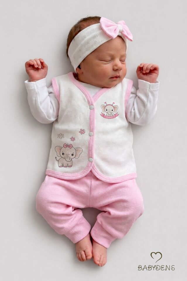 2’li Kız Bebek Yelek Seti ,Jakarlı Kalp Desenli,Pamuklu,Çıtçıtlı Bebek Yeleği Fil Baskılı,Mevsimlik